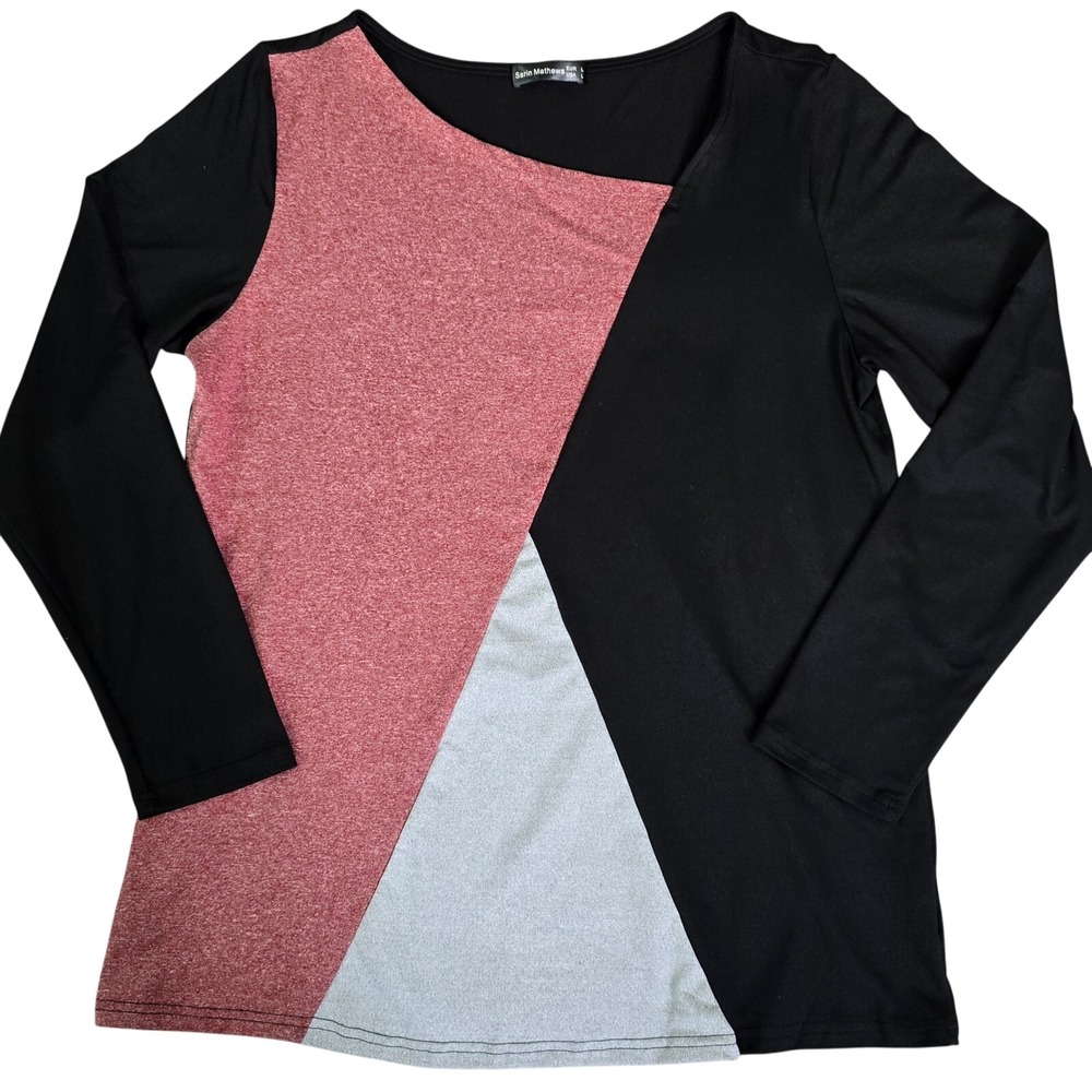 Sarin Mattews Womens Size L Colorblock Long Sleeve Asymmetrical Neck‎ Top NWOT